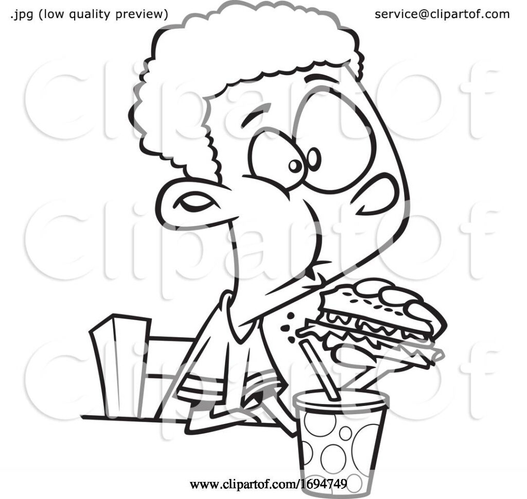 Cartoon Black And White Boy Eating A Burger By Toonaday 1694749