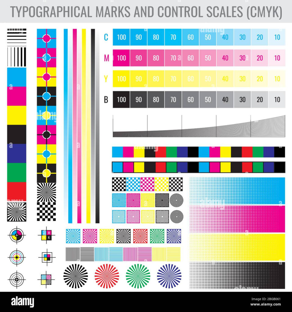CMYK Press Print Marks And Colour Tone Gradient Bars For Printer Test 