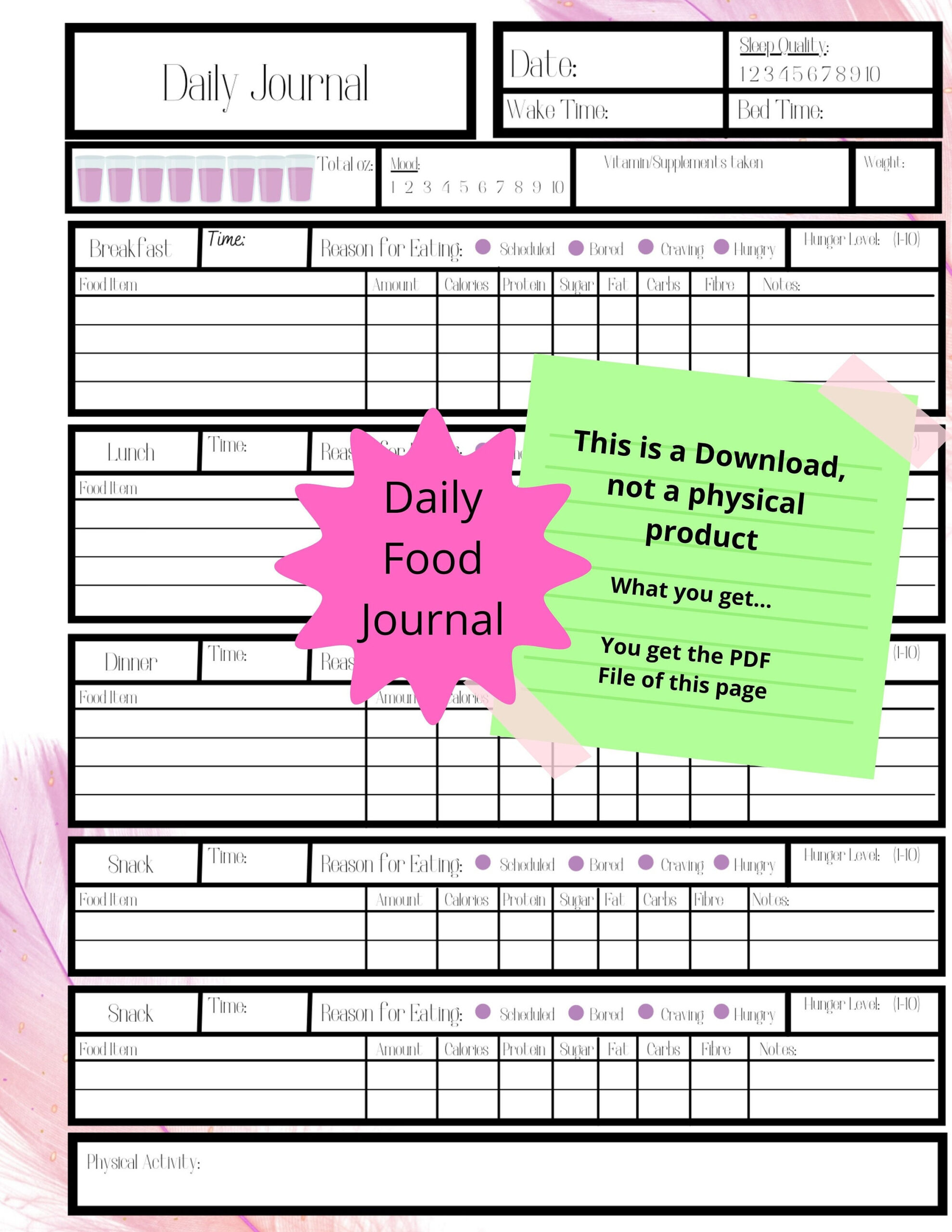 Daily Food Journal Printable Mindful Eating Bariatric Surgery Etsy
