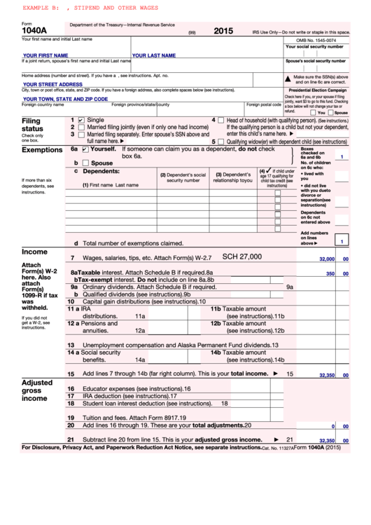 Fillable Form 1040a U s Individual Income Tax Return 2015 Printable 
