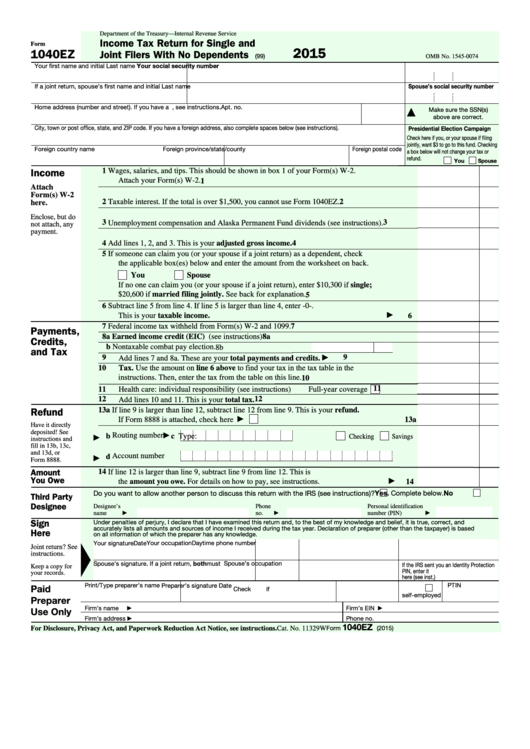 Fillable Form 1040ez Income Tax Return For Single And Joint Filers 