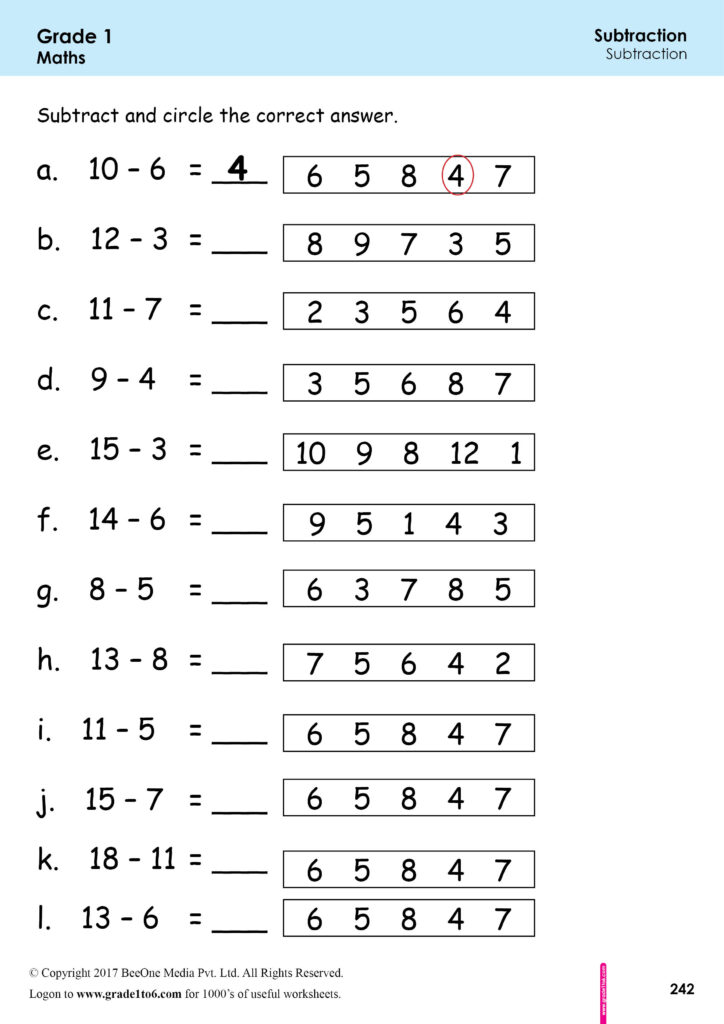 First Grade Subtraction Worksheets www grade1to6