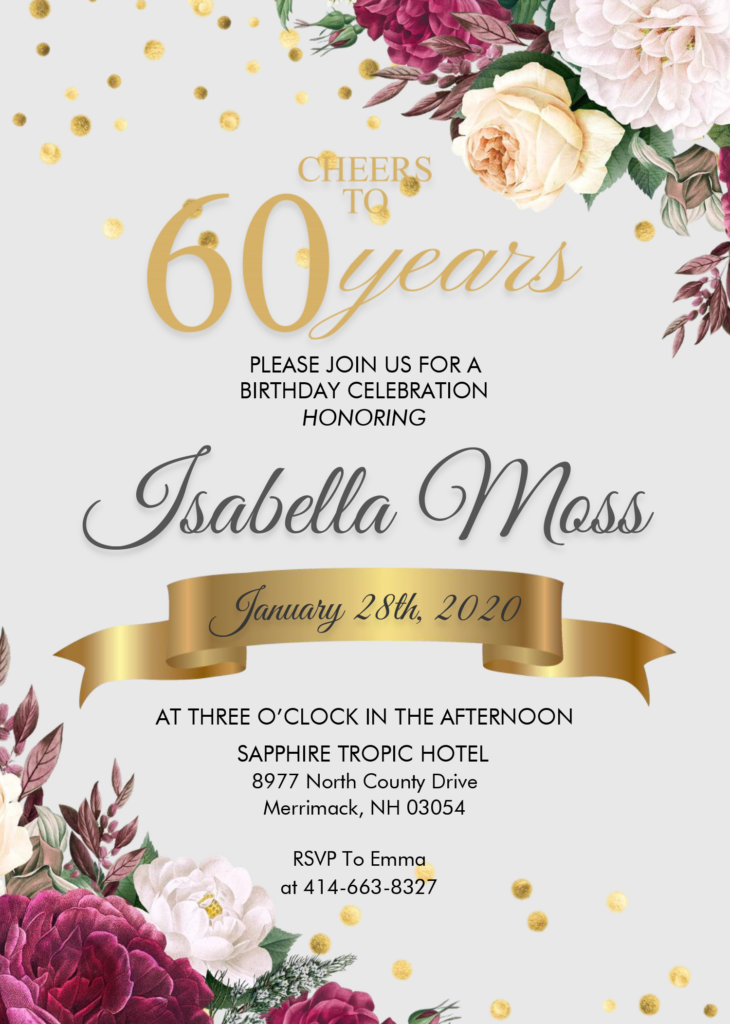 Floral 60th Birthday Invitation Templates Editable With MS Word 