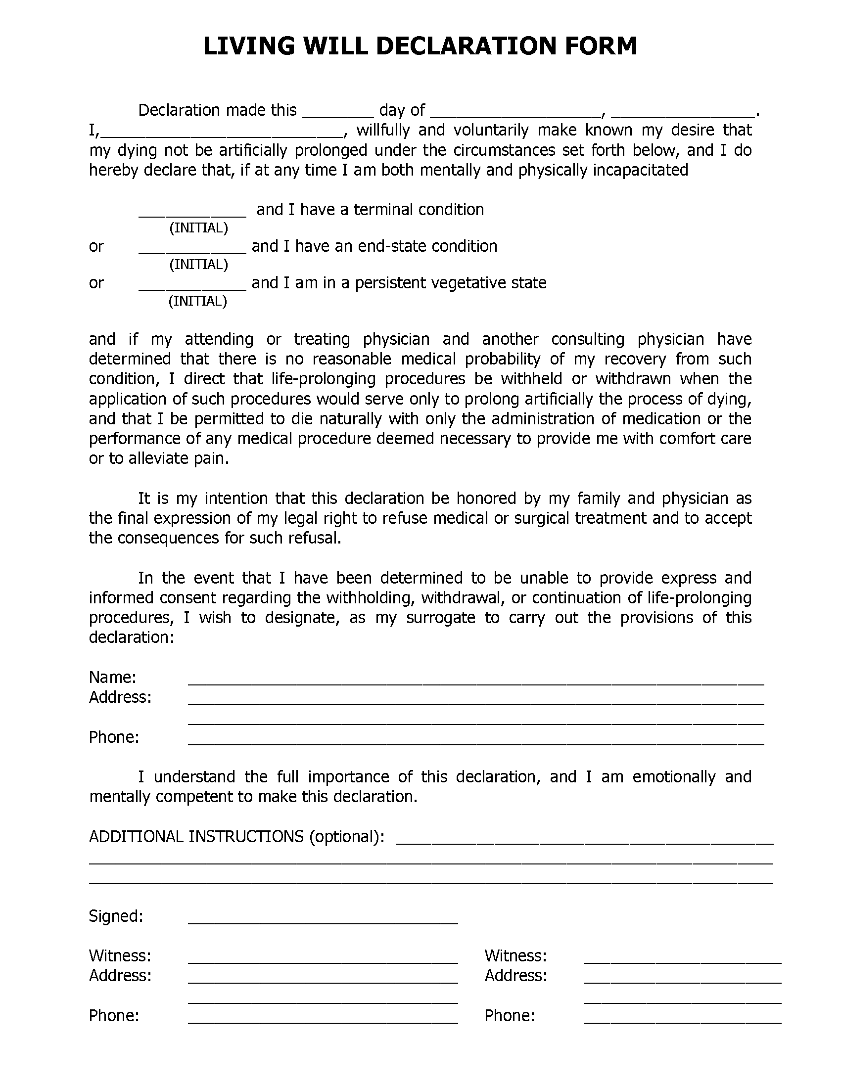 Florida Living Will Form Fillable PDF Free Printable Legal Forms
