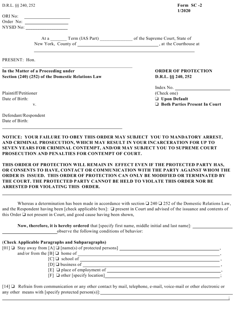 Form SC 2 Download Printable PDF Or Fill Online Order Of Protection New 