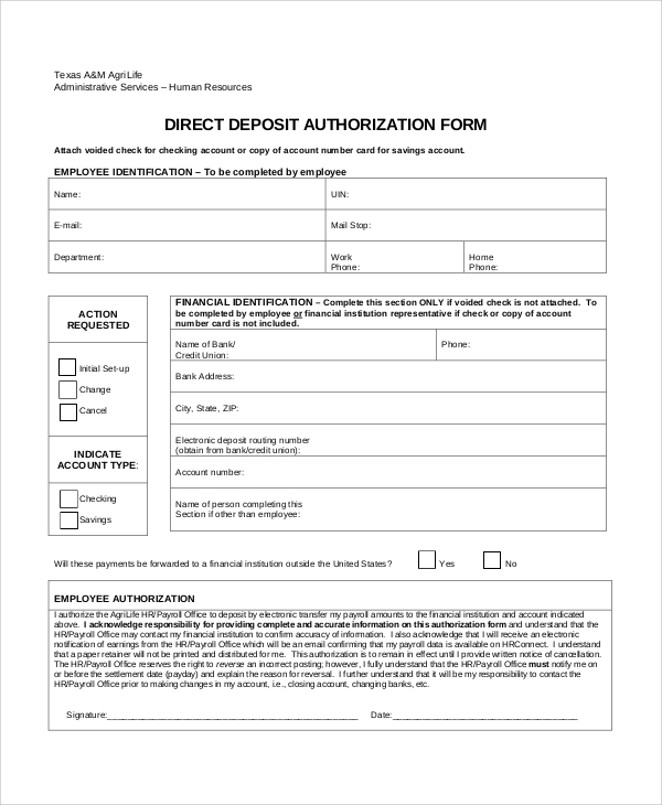 FREE 10 Sample Direct Deposit Authorization Forms In PDF MS Word