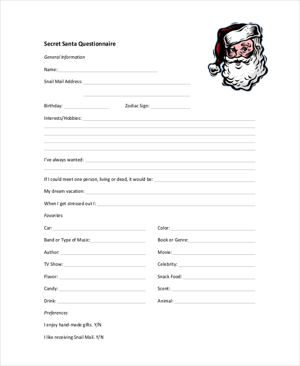 FREE 10 Sample Secret Santa Questionnaire Forms In PDF MS Word