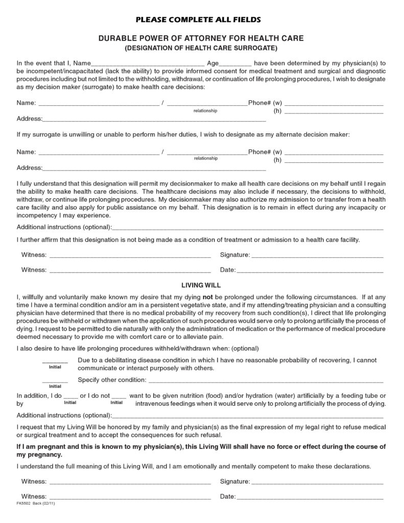Free Florida Durable Power Of Attorney For Health Care Form Living 