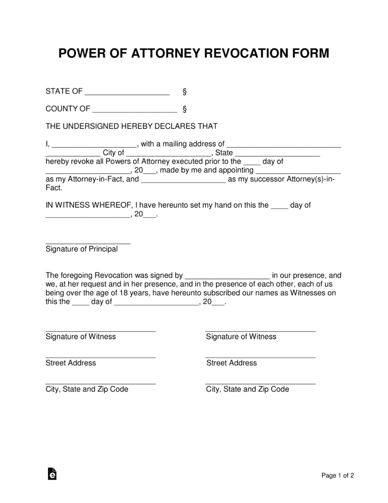 Free Power Of Attorney Revocation Form Cancel Word PDF EForms