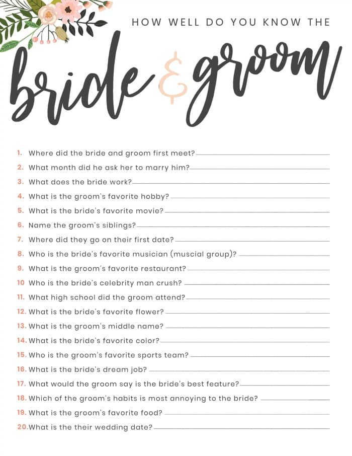 Free Printable Bridal Shower Question Game