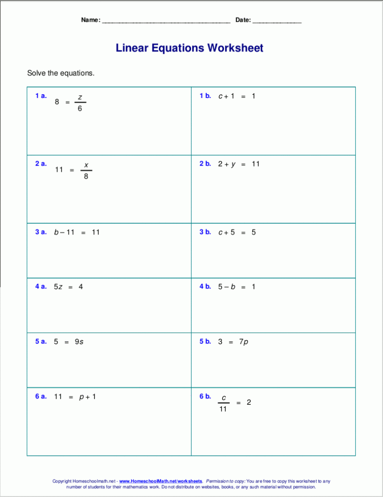 Free Worksheets For Linear Equations grades 6 9 Pre algebra Algebra 1 