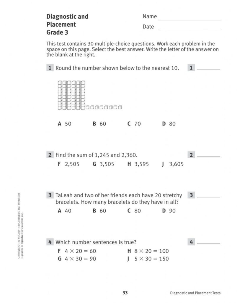 Grade 4 Math Diagnostic Assessment Part 1 Worksheet