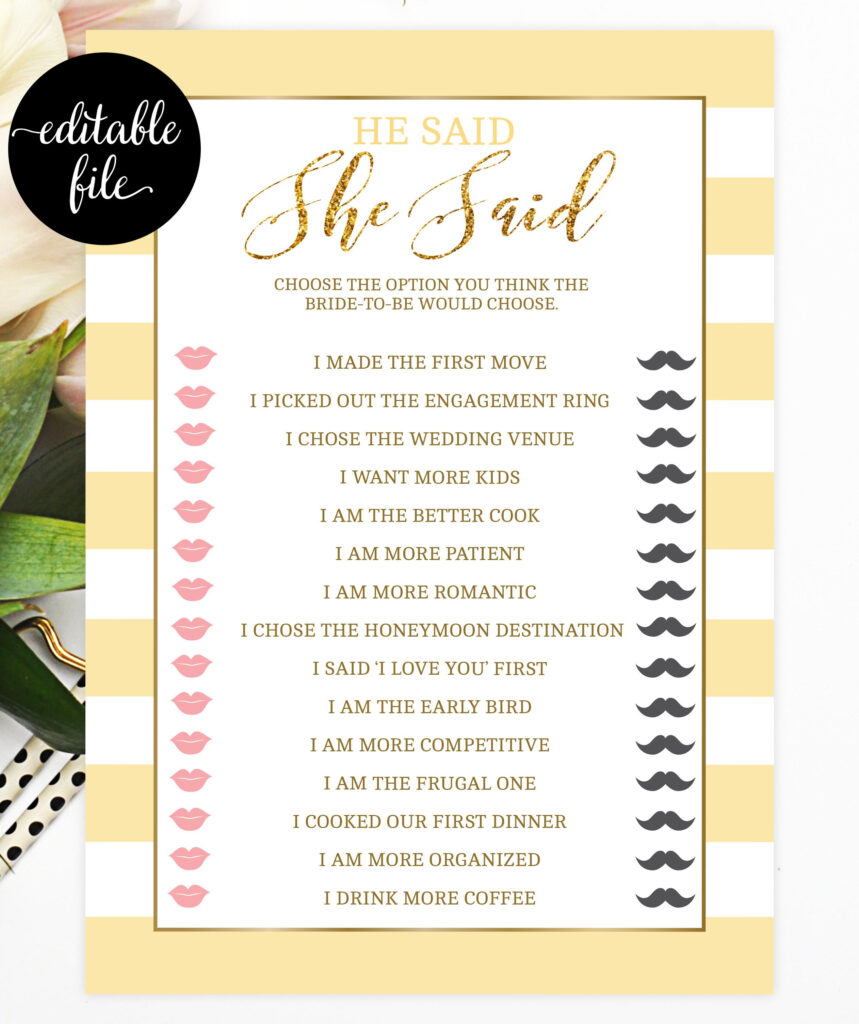 He Said She Said Printable Bridal Shower Game Yellow And Gold 