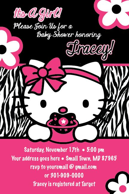 HELLO KITTY Zebra Print Printable Baby Shower Party Invitation GIRL1st 