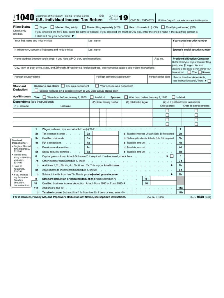 IRS 1040 2019 Fill And Sign Printable Template Online US Legal Forms