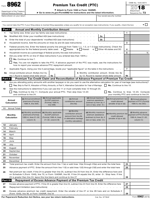 IRS Form 8962 Download Fillable PDF 2018 Premium Tax Credit ptc 