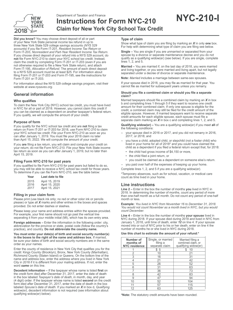 NY DTF NYC 210 I 2018 Fill Out Tax Template Online US Legal Forms