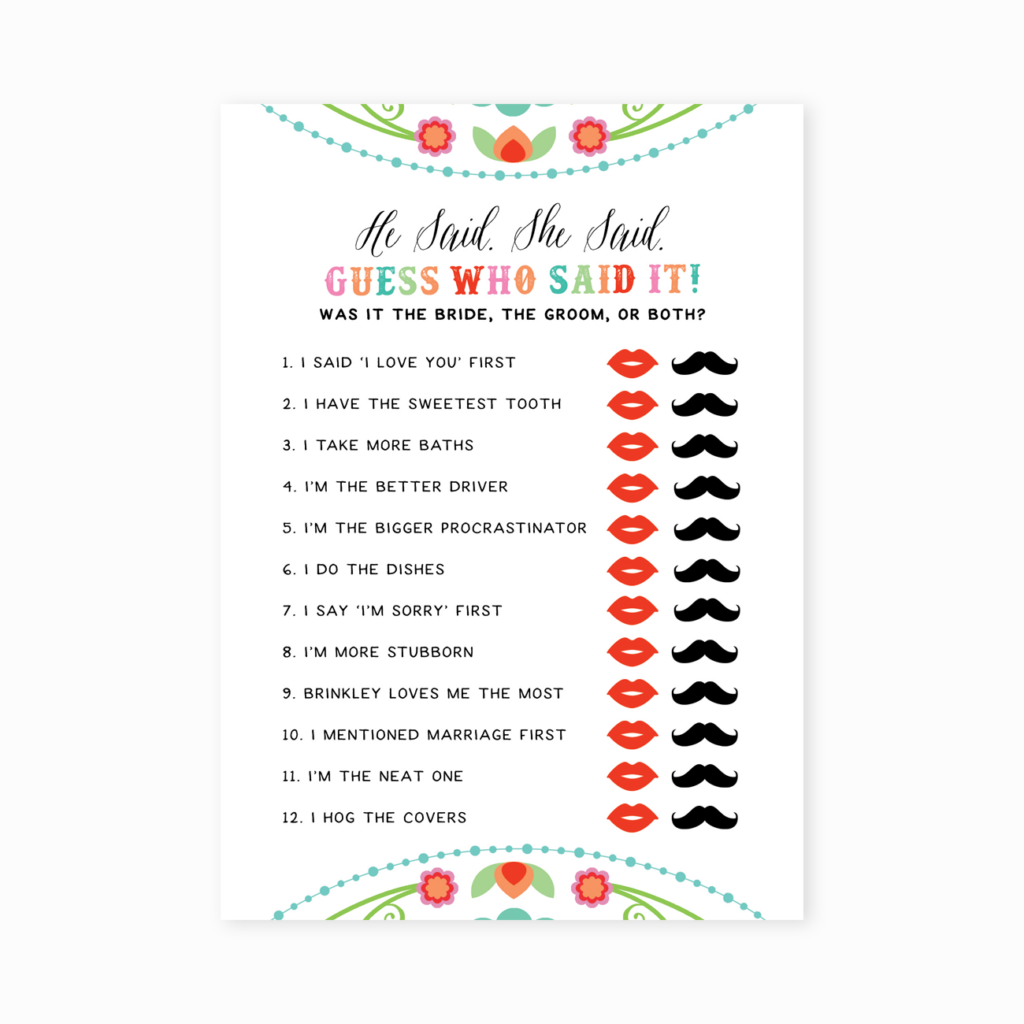 Printable Fiesta He Said She Said Bridal Shower Game Little Magic 