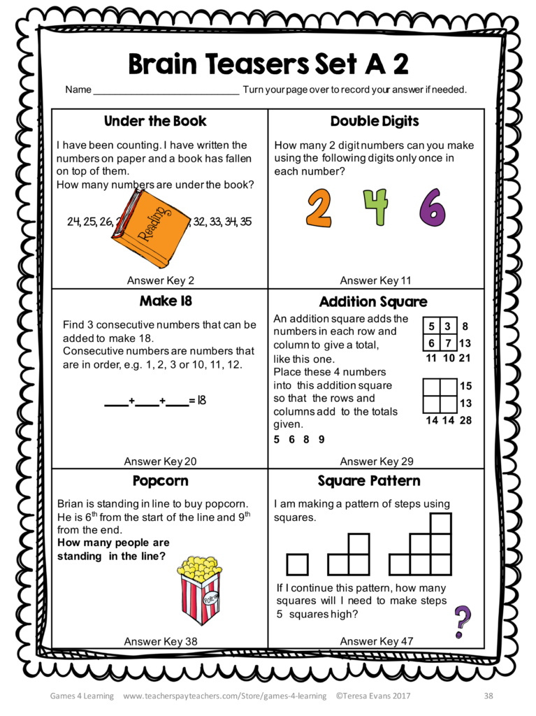 Printable Math Problems And Math Brain Teasers Cards From Games 4 