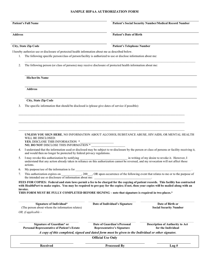 Sample HIPAA Authorization Form In Word And Pdf Formats