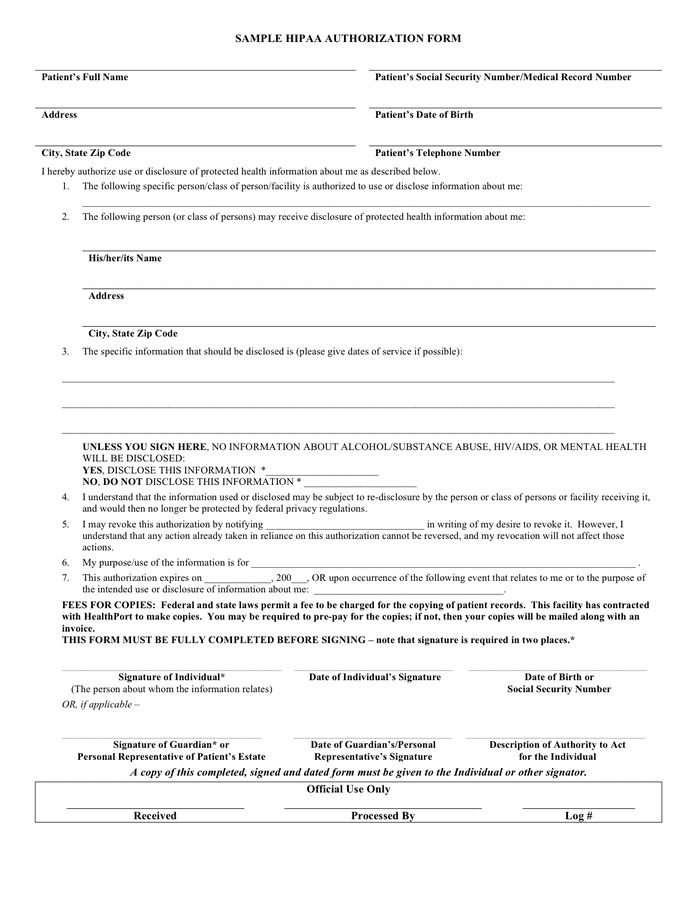 Sample HIPAA Authorization Form In Word And Pdf Formats Sample HIPAA Authorization Form In Word And Pdf Formats