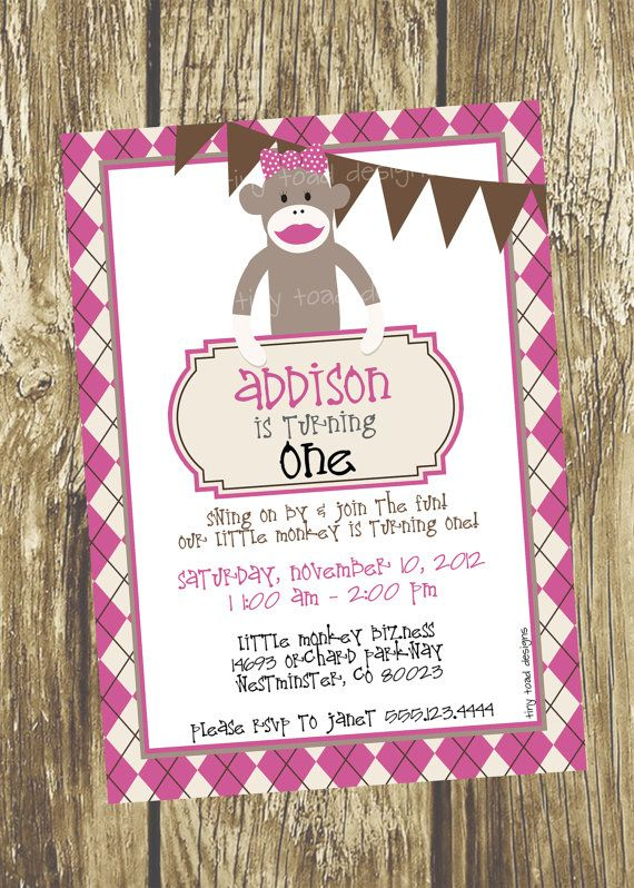 Sock Monkey First Birthday Birthday Party Invitation Girl DIY 