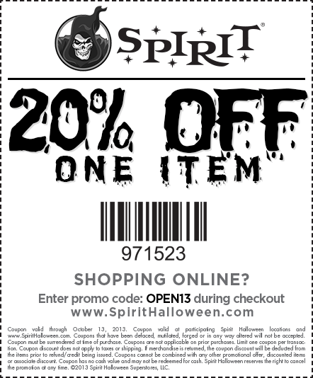 Spirit Halloween 20 Off Item Printable Coupon