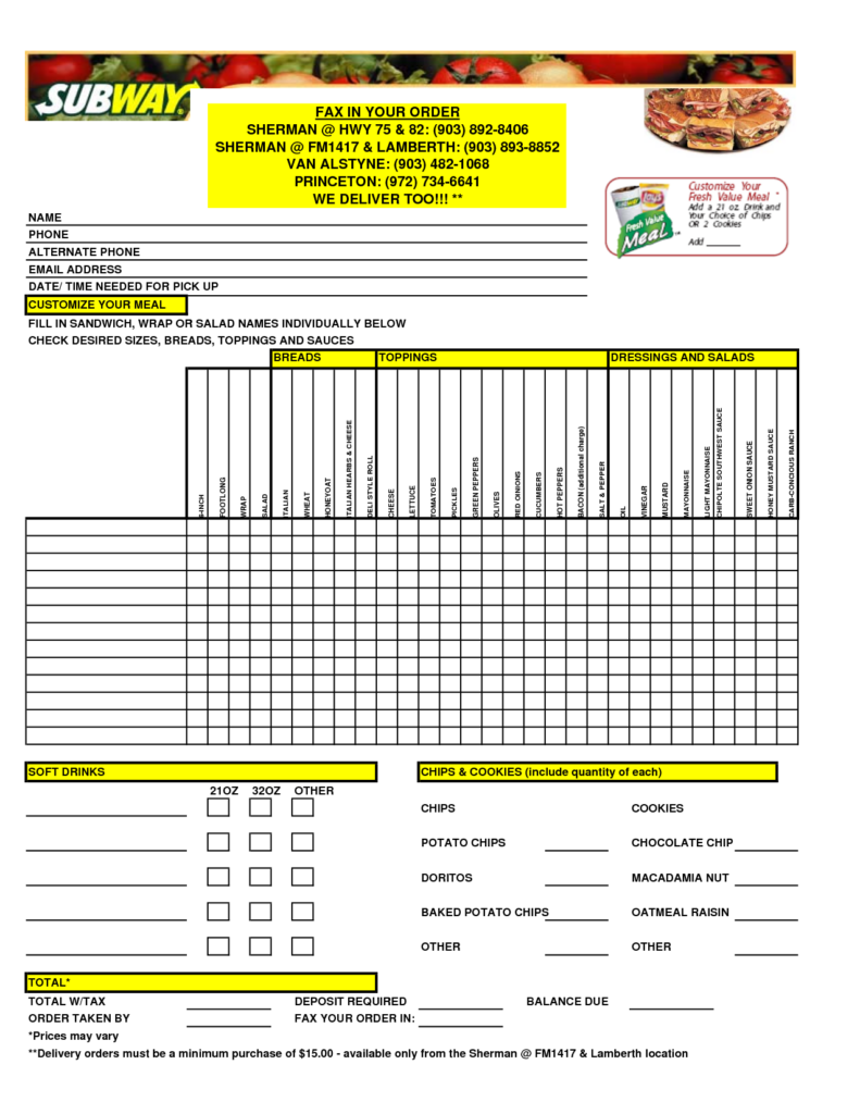 Subway Take Out Order Form Subway Print Menu Subway Print Subway 