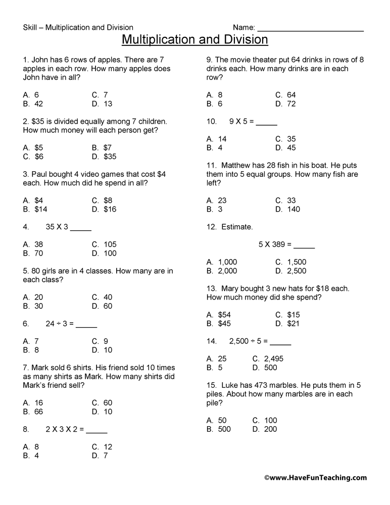 Third grade test practice multiplication division