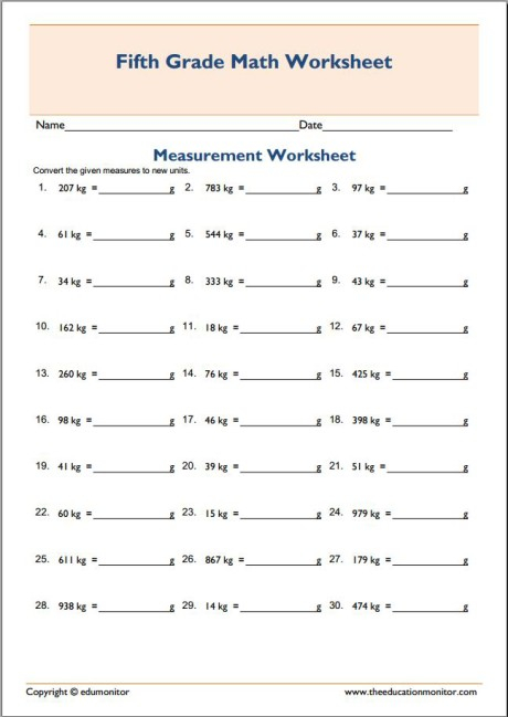 5th Grade Measurement Worksheet