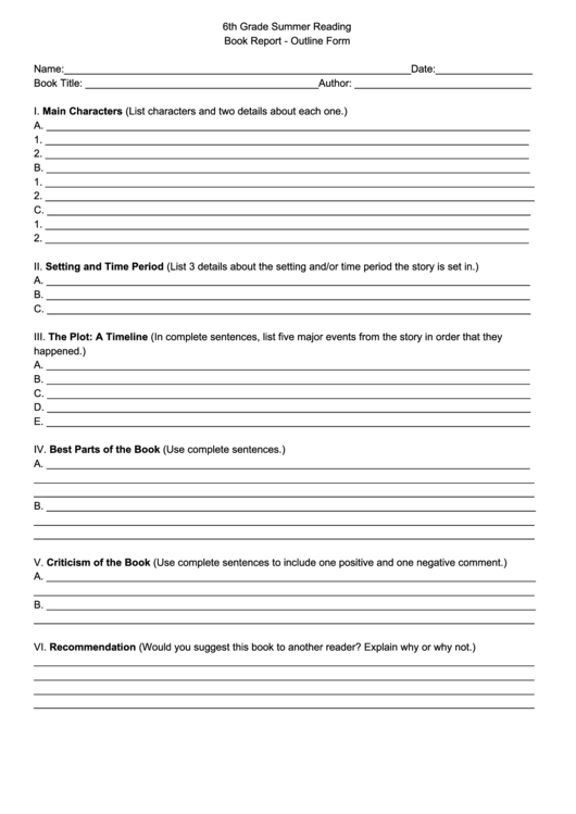 6th Grade Summer Reading Book Report Outline Form Printable Pdf Download