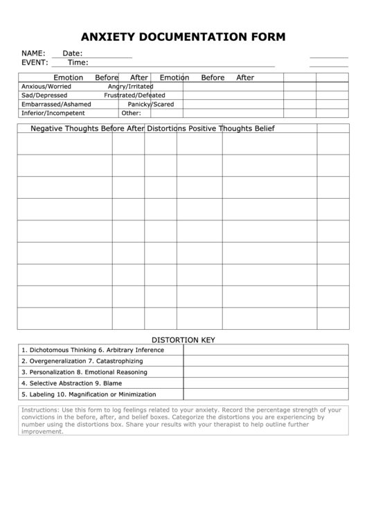 Anxiety Documentation Form Printable Pdf Download