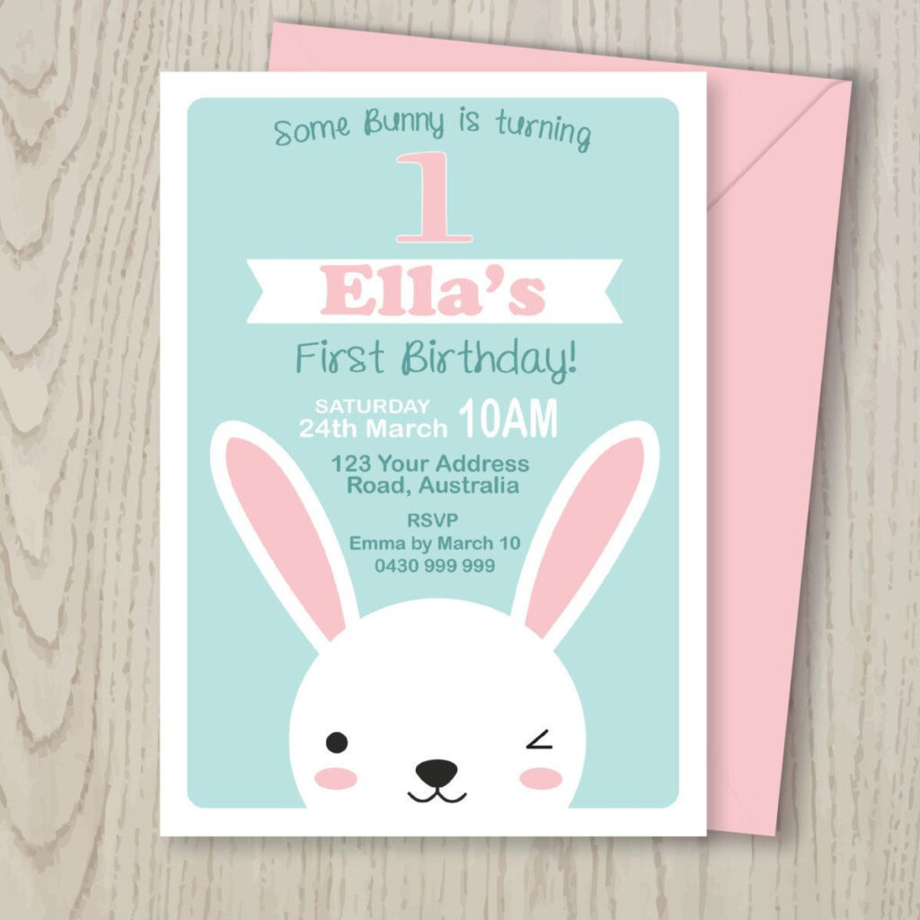 Bunny Rabbit Woodland Party Invitation DIGITAL FILE For Kids Party 1st 