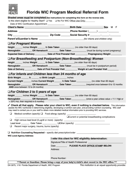 Dh Form 3075 Florida Wic Program Medical Referral Form Printable Pdf 