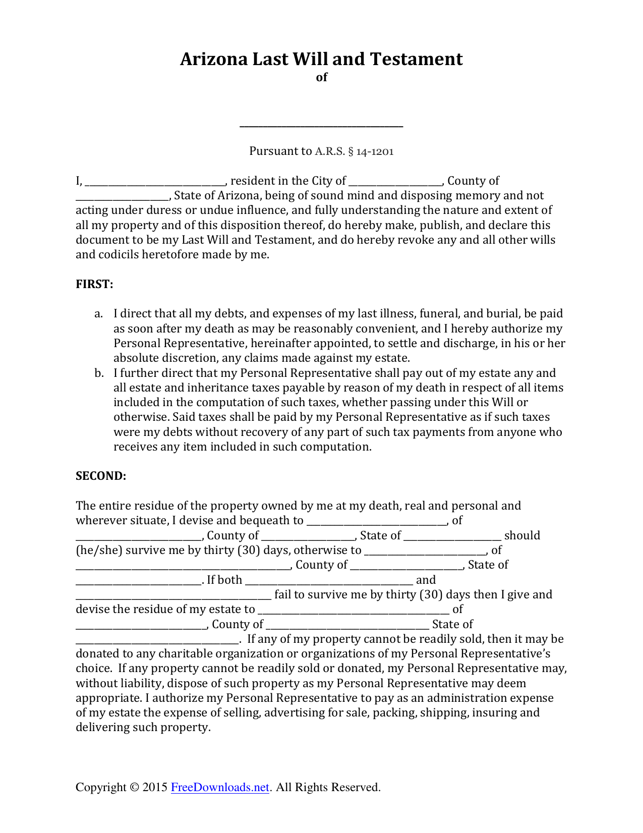 Download Arizona Last Will And Testament Form PDF RTF Word 