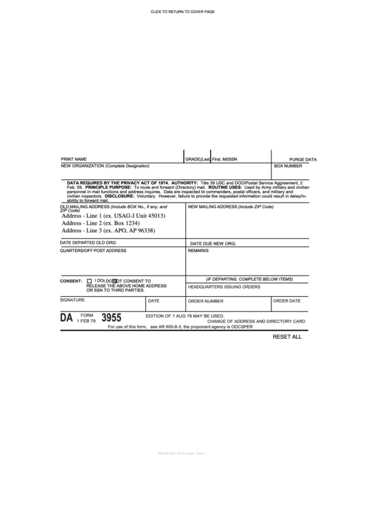 Fillable Da Form 3955 Change Of Address And Directory Card Printable 