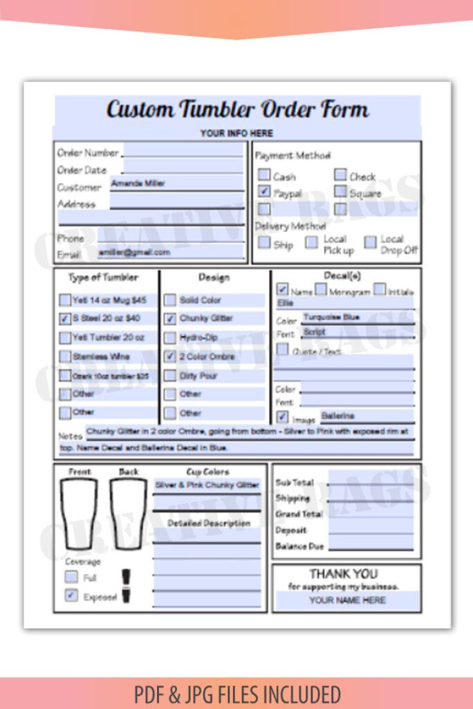 Fillable Editable Text Only PDF TUMBLERS Order Form Decals Etsy In 