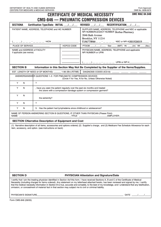 Fillable Form Cms 846 Certificate Of Medical Necessity Cms 846 