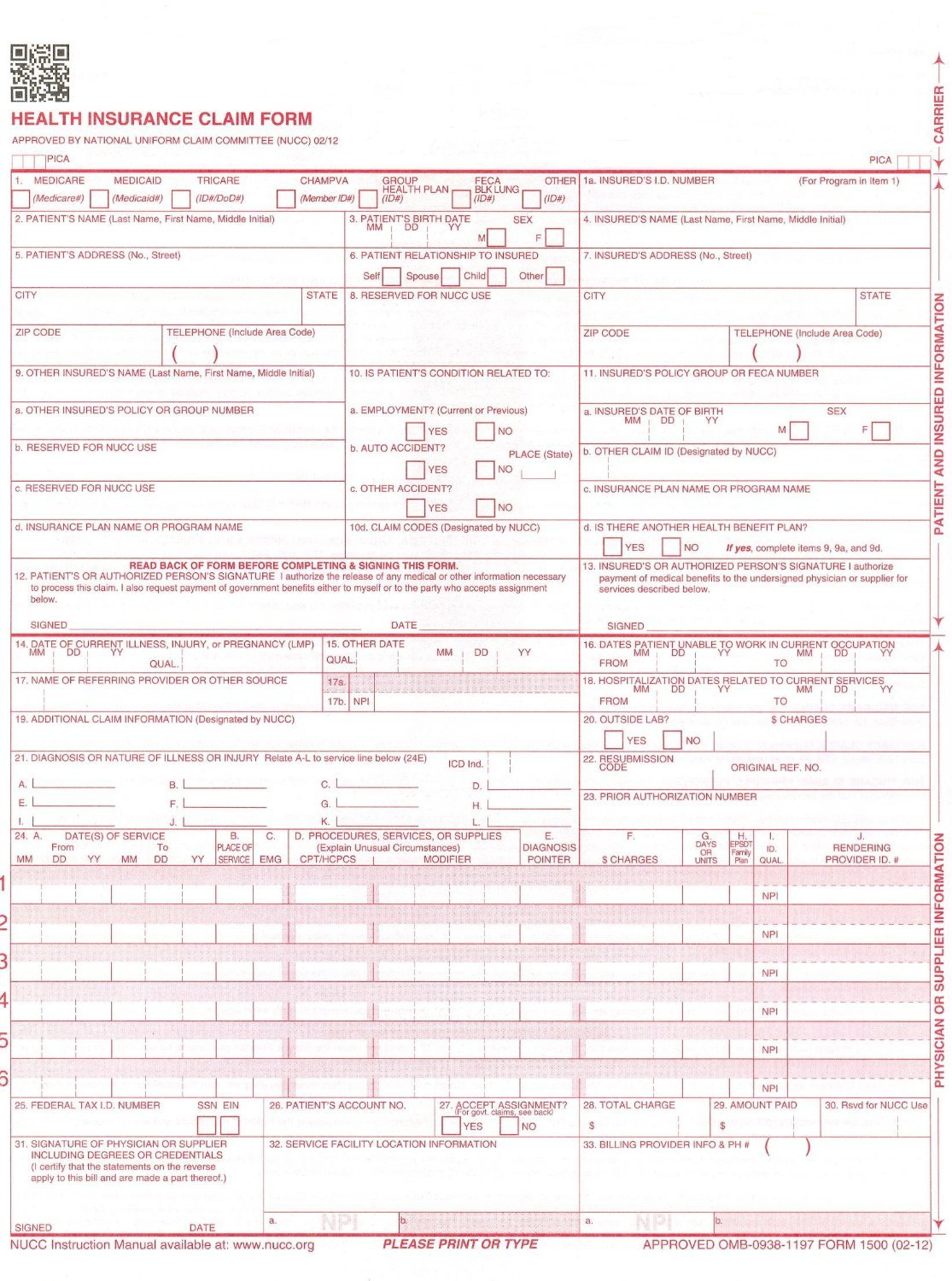 For Handwritten Use CMS 1500 HCFA 1500 Medical Billing Forms 