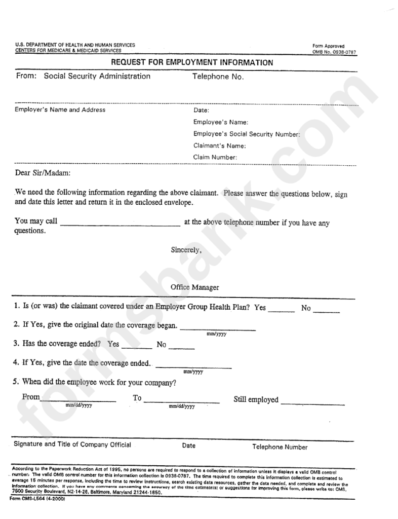 Form Cms L564 Request For Employment Information Printable Pdf Download