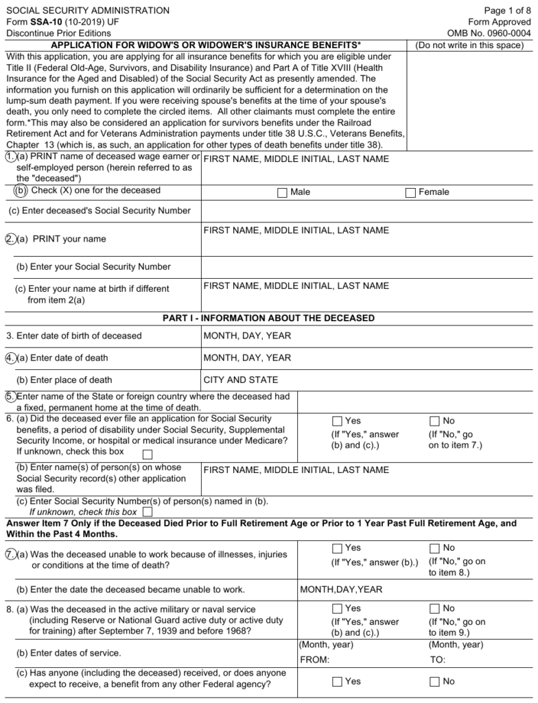 Form SSA 10 Download Fillable PDF Or Fill Online Application For Widow 