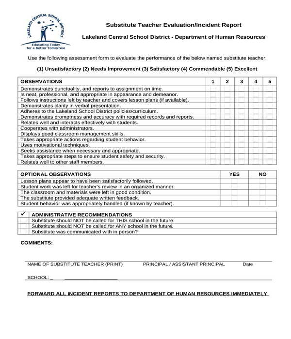 FREE 5 Substitute Teacher Evaluation Forms In PDF MS Word Excel