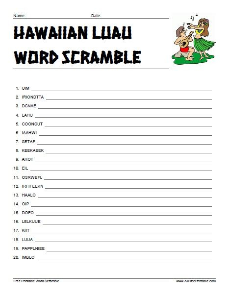 Free Printable Hawaiian Luau Word Scramble Free Printable Hawaiian 