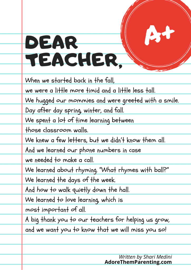 Free Printable Teacher Poem A Year End Thank You 