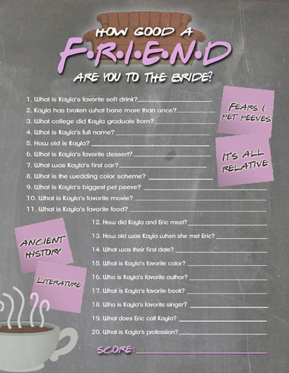 FRIENDS TV Show Trivia Bridal Shower Game Printable How Well Do You 