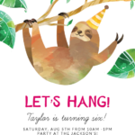 Hanging Sloth Birthday Invitation Template free Greetings Island