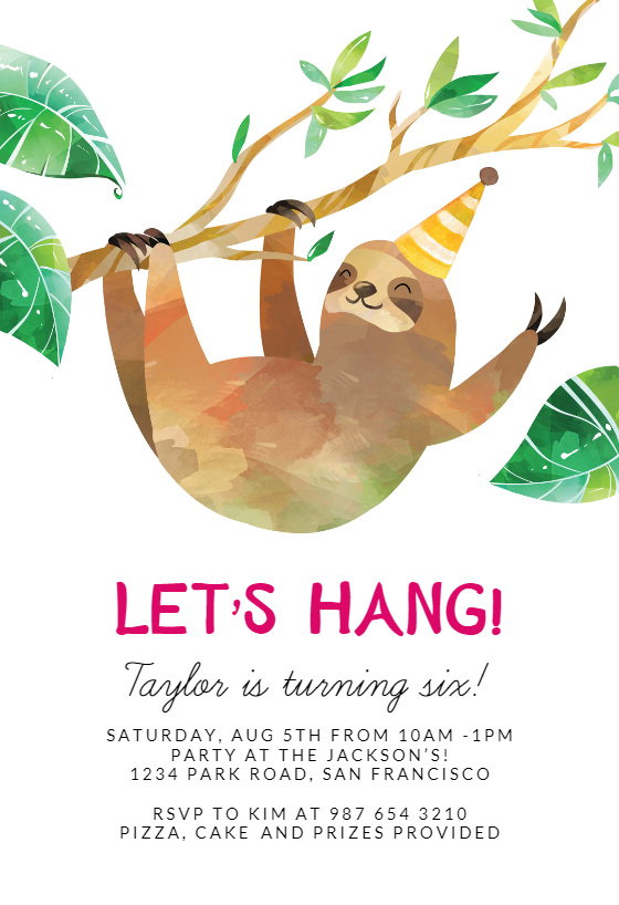 Hanging Sloth Birthday Invitation Template free Greetings Island 