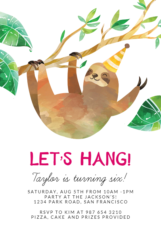 Hanging Sloth Birthday Invitation Template free Greetings Island