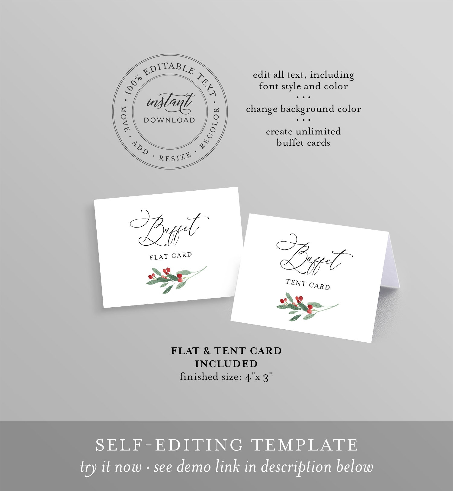 Holly Buffet Card Template Food Label Winter Wedding Buffet Printable