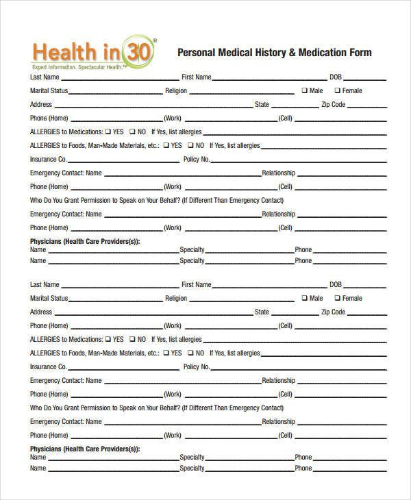 Medical History Form 9 Free PDF Documents Download Free Premium